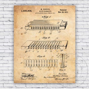 Harmonica Musical Patent Blueprint - Wall Art Print Decor - Size Options