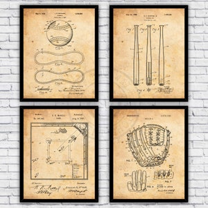 Baseball Ball Bat Glove Field Sports Patents Four Pack - Wall Art Prints Decor - Size and Frame Options