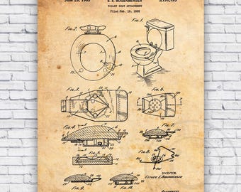 Toilet Seat Attachment Patent Blueprint - Bathroom Wall Art Print Decor - Size Options