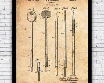 Drumstick Timpani Mallet Percussion Patent Blueprint - Wall Art Print Decor - Size and Frame Options