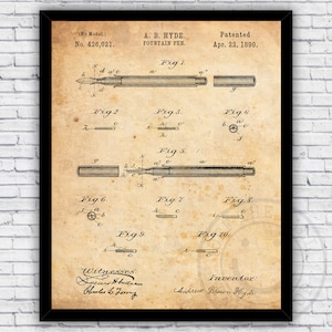 Fountain Pen Patent Blueprint - Wall Art Print Decor - Size and Frame Options