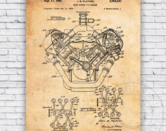 High Torque V8 Engine Patent Blueprint Wall Art Print Decor - Size Options