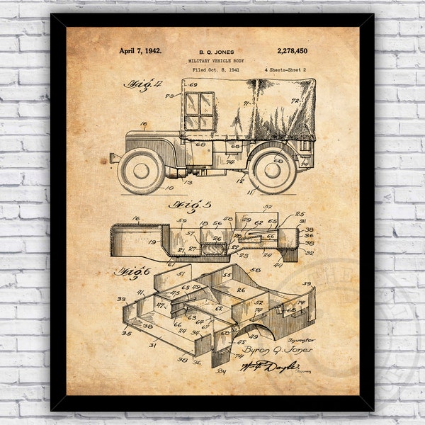 Patent Depicting Jeep Willys Covered Military Utility Vehicle Vintage Blueprint - Wall Art Print Decor - Size and Frame Options