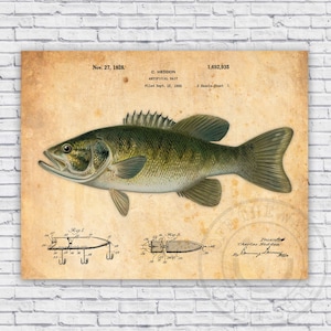 Smallmouth Black Bass Fishing Lure Patent - Vintage Repro Wall Art Print Decor - Size Options