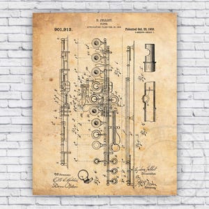 Flute Brass Musical Band Instrument Patent Blueprint - Wall Art Print Decor - Size Options