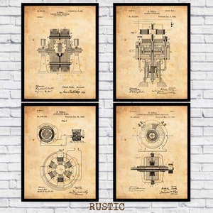 May include: Set of four vintage-style prints featuring black and white illustrations of Nikola Tesla's electrical inventions. Each print includes the patent number, date, and title of the invention. The prints have a rustic, aged paper background.