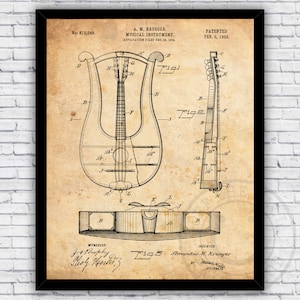 Lyre String Instrument Patent Blueprint - Wall Art Print Decor - Size and Frame Options