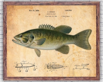 Smallmouth Black Bass Fishing Lure Patent - Vintage Repro Wall Art Print Decor - Size and Frame Options