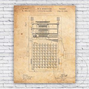 May include: A vintage patent drawing for a calculating machine, showing a detailed illustration of the machine's internal workings. The patent is titled "W. S. Burroughs Calculating Machine" and was patented on August 21, 1888. The patent number is 388,116.