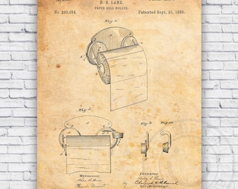 Toilet Paper Roll Holder Patent Blueprint - Bathroom Wall Art Print Decor - Size Options