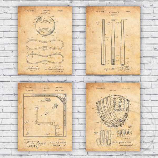 Baseball Ball Bat Glove Field Sports Patents Four Pack - Wall Art Prints Decor - Size Options