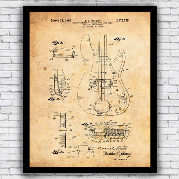 Precision Bass Guitar Pickups Patent - Vintage Musical Blueprint Wall Art Print Decor - Size and Frame Options