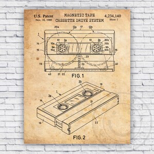May include: Vintage patent print of a magnetic tape cassette drive system, dated November 18, 1980. The diagram shows detailed technical drawings of the cassette tape mechanism, including internal components and labels. The print is on a tan background.