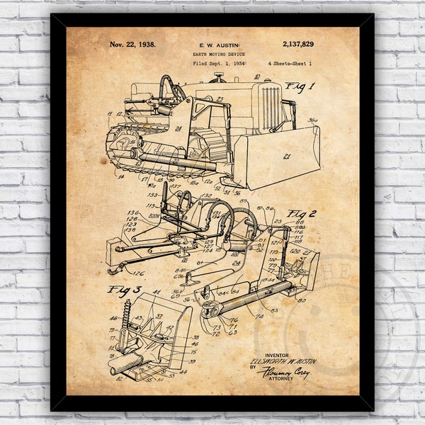 Bulldozer Patent Blueprint Wall Art Print Decor - Size and Frame Options
