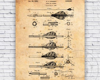 Archery Arrow Bow Hunting Outdoorsman Patent Blueprint - Wall Art Print Decor - Size Options
