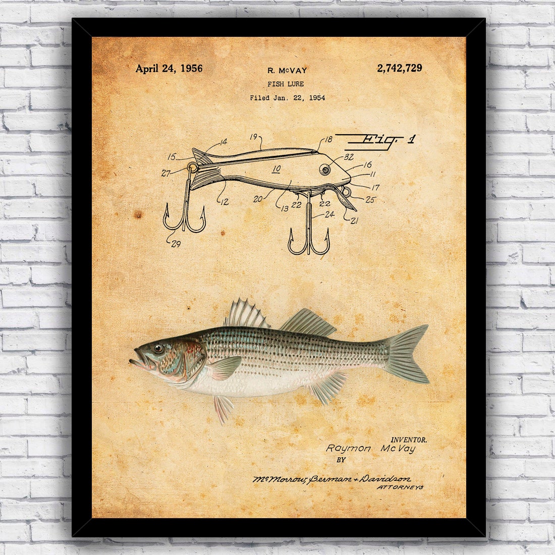 Striped Bass Fisherman Fishing Lure Hook Patent Blueprint Wall Art