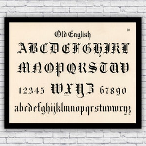 Old English Alphabet Lettering Typography - Wall Art Repro Print Decor - Size and Frame Options