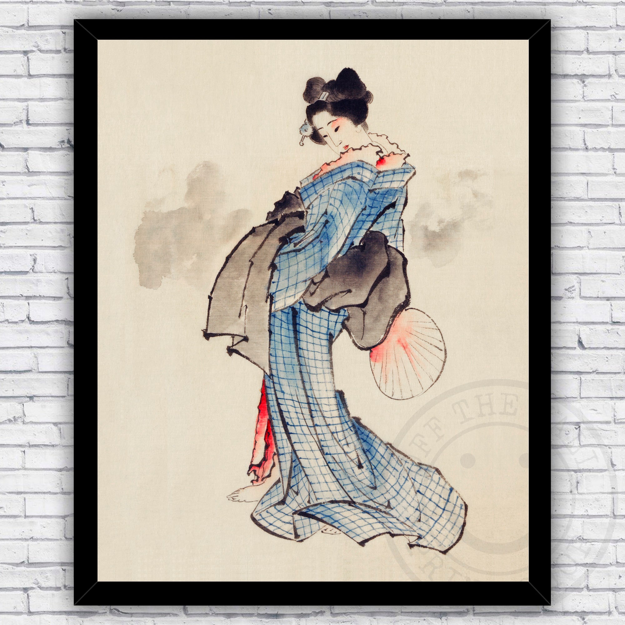 Geisha in Japanese blue kimono with fan watercolor art print reproduction