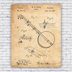 Banjo Guitar Patent Blueprint - Wall Art Print Decor - Size Options