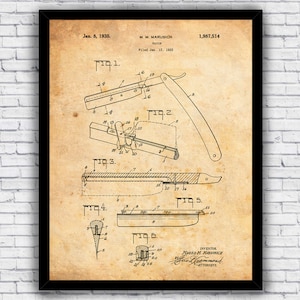 Straight Razor Blade Barber Shop Shaving Patent Blueprint Wall Art Print Decor - Size and Frame Options