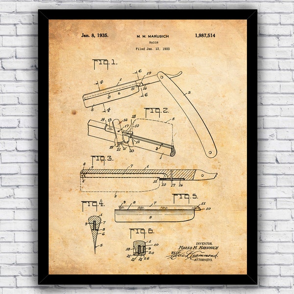 Straight Razor Blade Barber Shop Shaving Patent Blueprint Wall Art Print Decor - Size and Frame Options