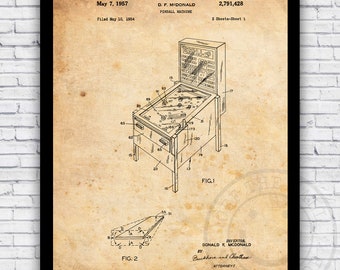 Pinball Machine Arcade Game Patent Blueprint - Wall Art Print Decor - Size and Frame Options