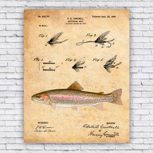 Rainbow Trout Fly Fishing Hook Lure Patent Blueprint Wall Art Print Decor - Size Options