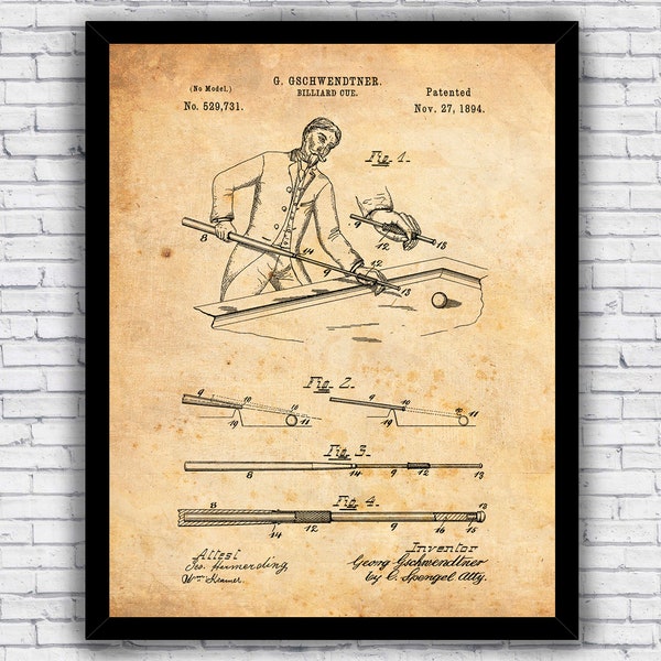 Billiards Pool Cue Stick Vintage Patent Blueprint - Wall Art Print Decor - Size and Frame Options