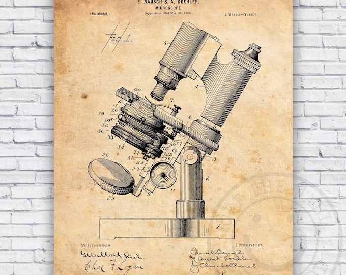 Microscope 1800s Scientific Patent Blueprint - Wall Art Print Decor - Size Options