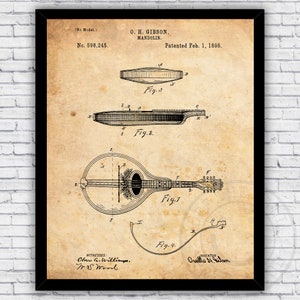 Mandolin Acoustic Folk Guitar Music Instrument Patent Blueprint - Wall Art Print Decor - Size and Frame Options