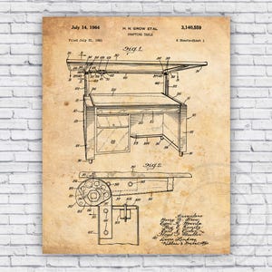 May include: Vintage blueprint-style print of a drafting table, dated July 14, 1964. The technical drawing shows the table's design with detailed labels and measurements. The print has a sepia tone, giving it an aged appearance.