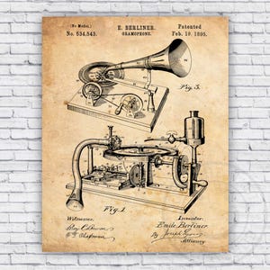 Gramophone Record Player Patent Blueprint - Wall Art Print Decor - Size Options