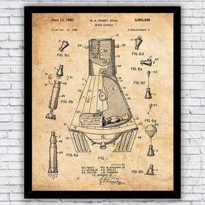 Space Capsule Mercury 60s Patent Blueprint - Wall Art Print Decor - Size and Frame Options