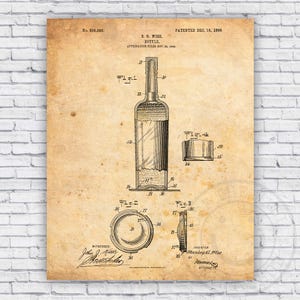 Wine Bottle Patent Blueprint - Wall Art Print Decor - Size Options