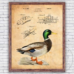 Duck Call Drake Mallard Hunting Wildlife Patent Blueprint Waterfowl Wall Art Print Decor