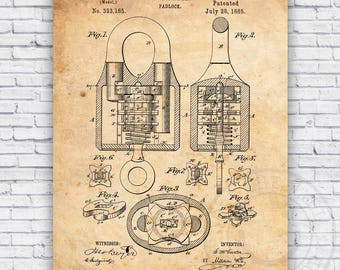 Padlock Patent Blueprint - Wall Art Print Decor - Size Options