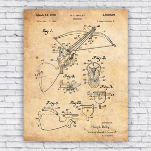 May include: A black and white line drawing of a crossbow patent, showing the design of the crossbow and its parts. The patent is titled "Crossbow" and was filed on December 3, 1945, by H. L. Bailey. The patent number is 2,500,509.