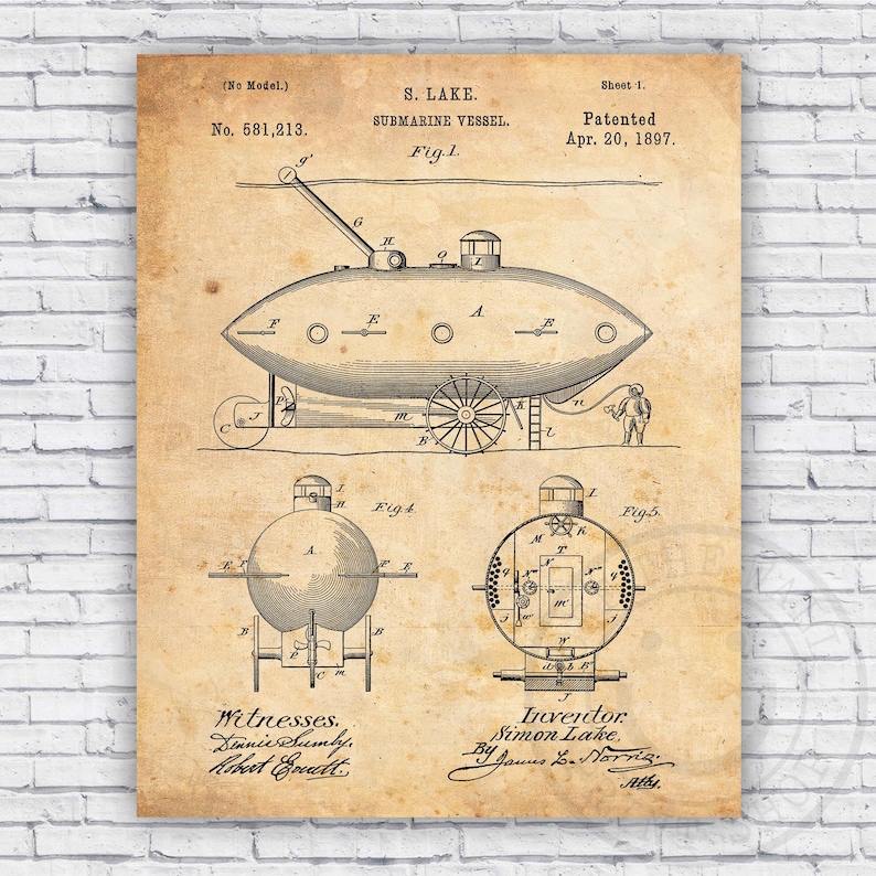 Submarine Vessel Patent Blueprint - Wall Art Print Decor - Size Options ...