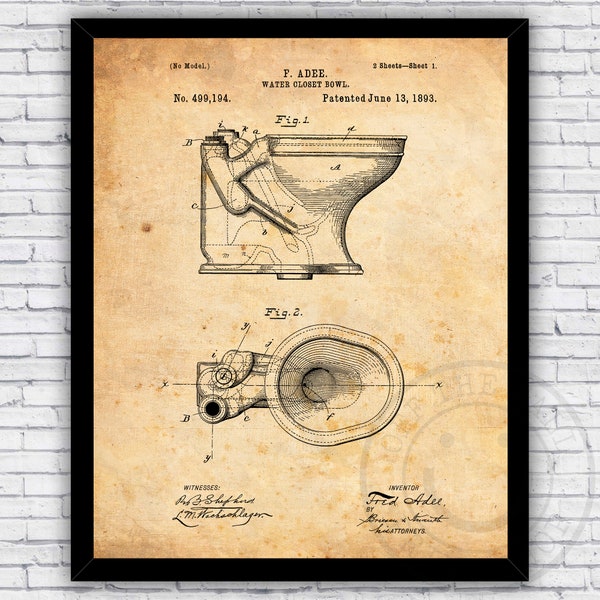 Water Closet Toilet Bowl Patent Blueprint - Bathroom Wall Art Print Decor - Size and Frame Options