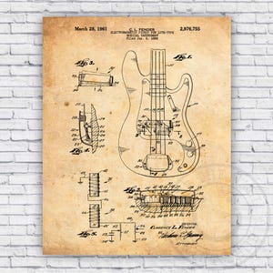 Precision Bass Guitar Pickups Patent - Vintage Musical Blueprint Wall Art Print Decor - Size Options