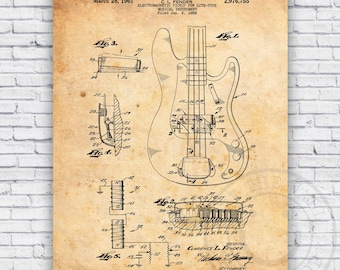 Precision Bass Guitar Pickups Patent - Vintage Musical Blueprint Wall Art Print Decor - Size Options