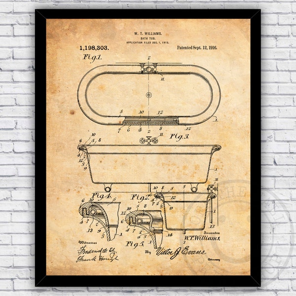 Bath Tub Porcelain Bathroom 1916 Patent Blueprint - Wall Art Print Decor - Size and Frame Options