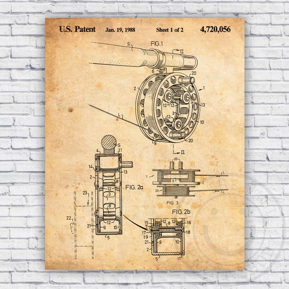 blueprint fly fishing reels Fly Fishing Reel Line Spool Patent Blueprint - Wall Art Print Decor - Size  Options