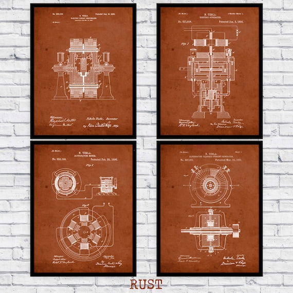 Nikola Tesla Electrical Engineering Patent Blueprints Wall Art Decor Prints  Four Pack Size and Frame Options -  Norway