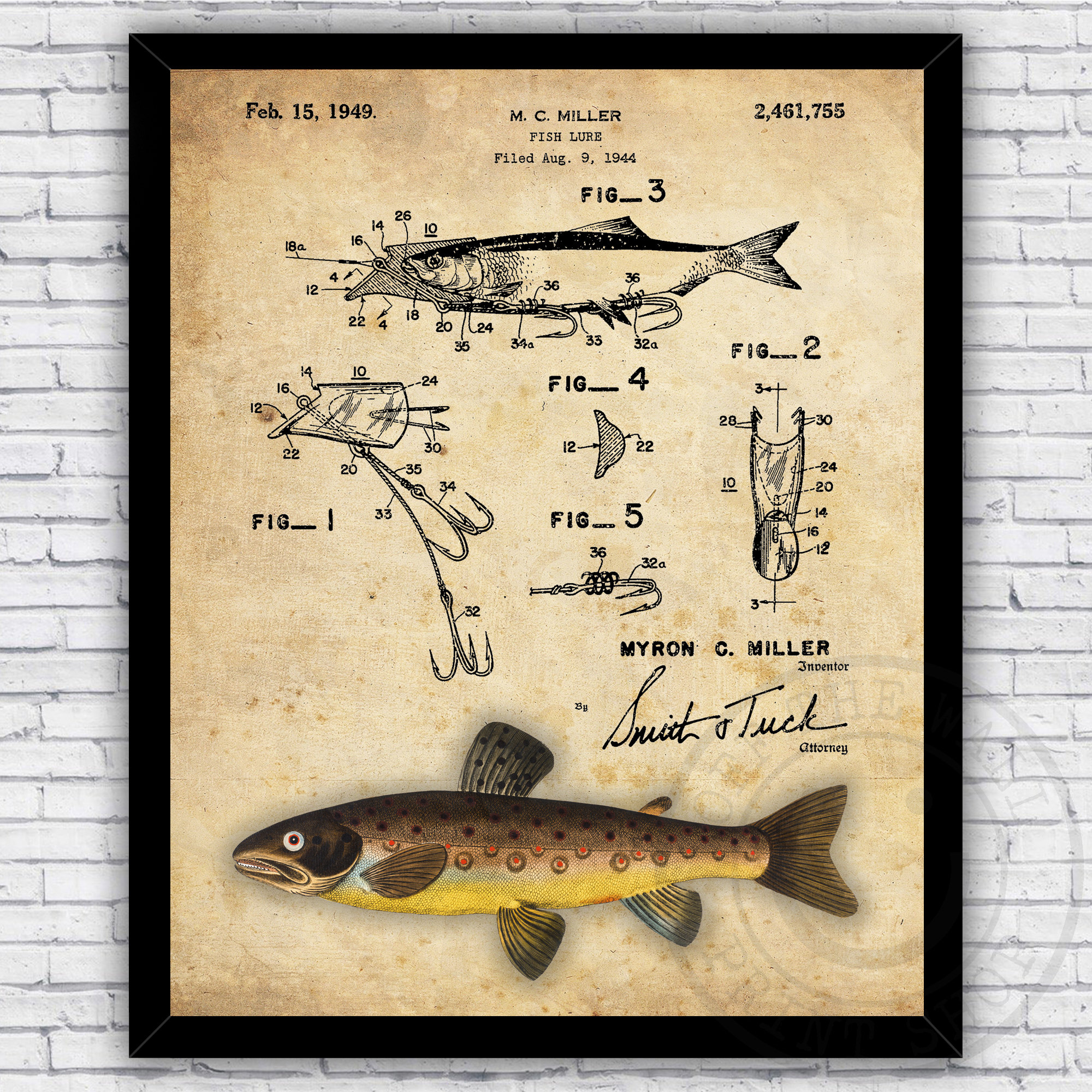 Brown Trout Fishing Live Bait Lure Jig Lure Patent Vintage Repro Wall Art  Print Decor Size and Frame Options 