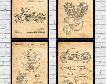 Vintage Depicted Harley Davidson Motorcycling Patent Blueprints Four Pack - Wall Art Prints Decor - Size and Frame Options