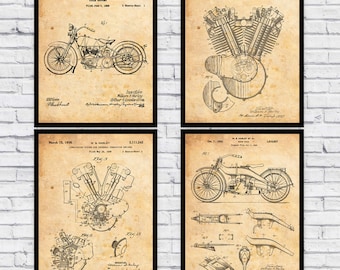 Vintage Depicted Harley Davidson Motorcycling Patent Blueprints Four Pack - Wall Art Prints Decor - Size and Frame Options