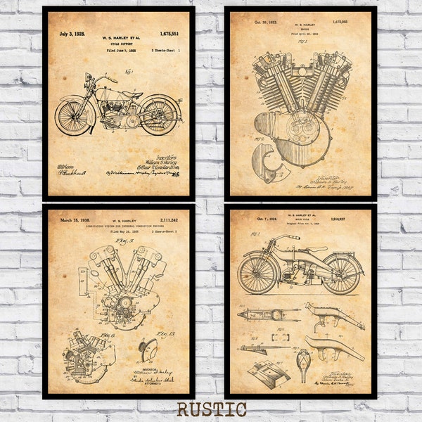 Vintage Depicted Harley Davidson Motorcycling Patent Blueprints Four Pack - Wall Art Prints Decor - Size and Frame Options