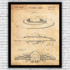 UFO Flying Disc Patent Blueprint - Wall Art Print Decor - Size and Frame Options