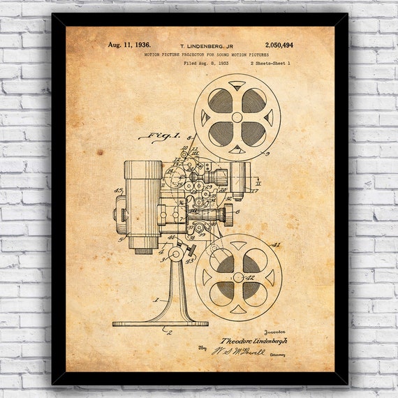 Movie Film Reel Cinema Projector Patent Blueprint Wall Art Print